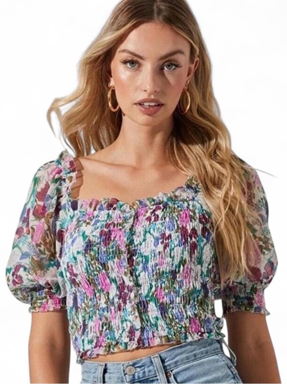 ASTR The Label Floral Smocked Puff-Sleeve Crop Top